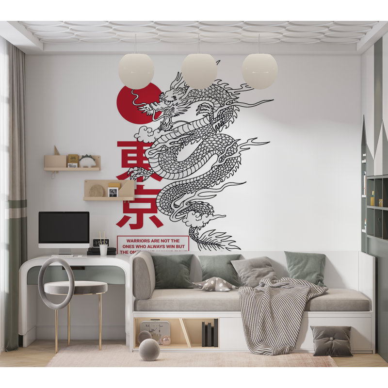 Premium Wallpaper Wall Mural - Dragon And Sun, 96" L x 120" W