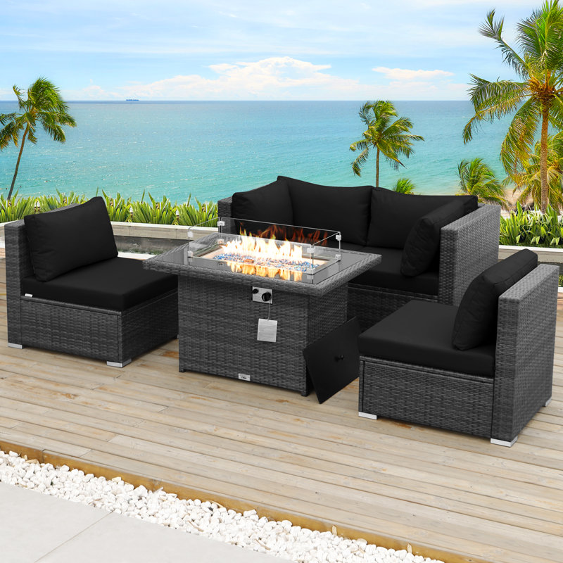 Arisbet 4-Person 5-Piece Modular Wicker Outdoor Sectional Set with Cushions & 60,000 BTU Propane/Natural Gas Fire Pit Table