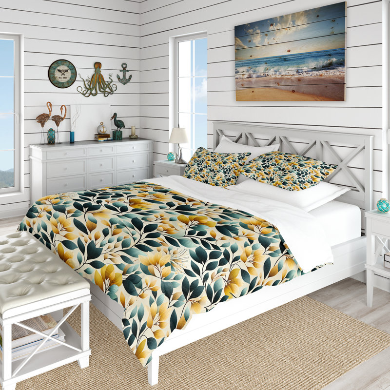 Literie harmonie botanique naturelle jaune et sarcelle, Housse de couette simple + 1 taie décorative stan
