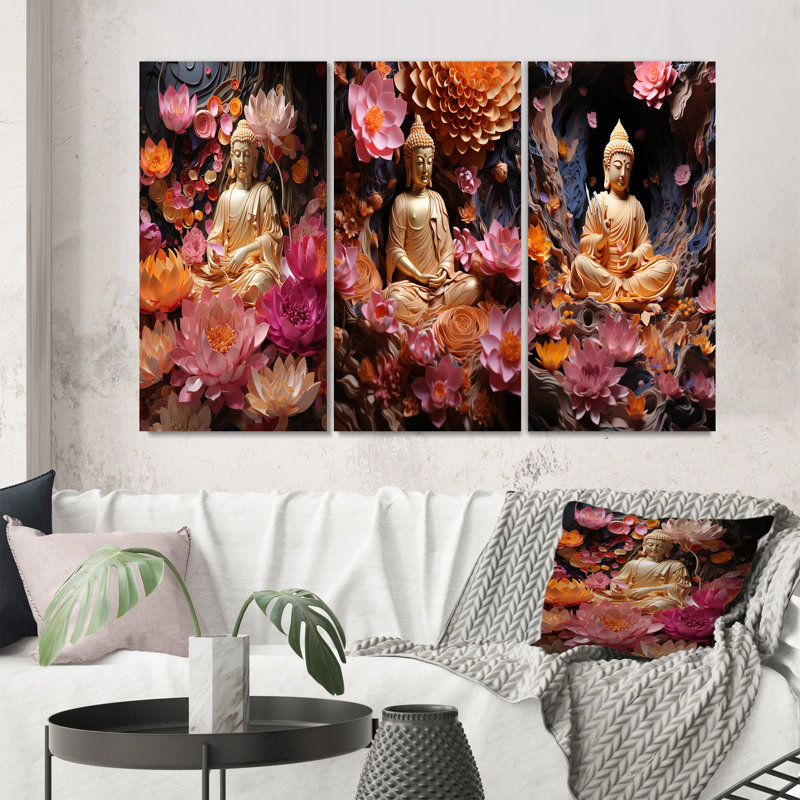 «Gold Pink Buddhism Lotus Enlightenment This», 3 pièces, Toile tendue, H 40 po x l 60 po