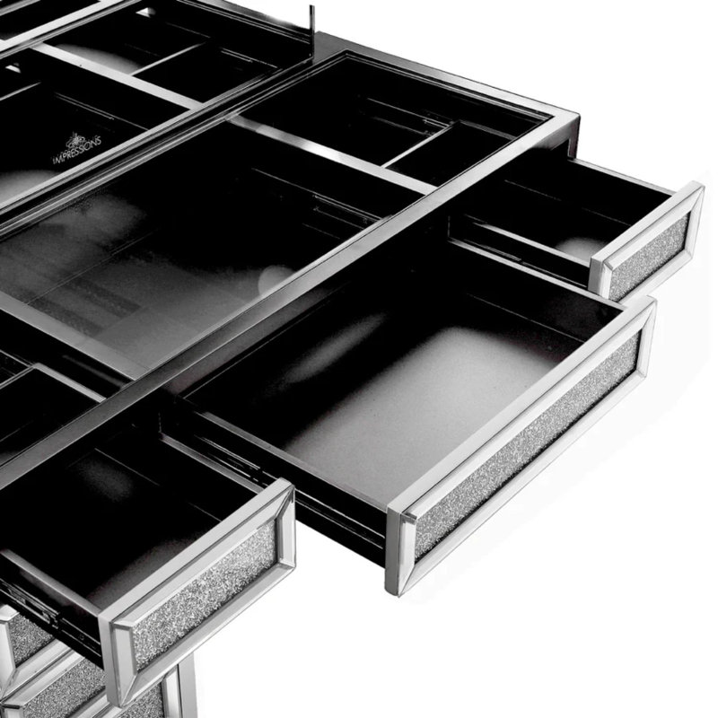 SlayStation Diamond Edition Vanity Table with Crushed Diamond Design, Vanity Desk with 11 Push to Open Drawers and Clear Tempered Glass Top 