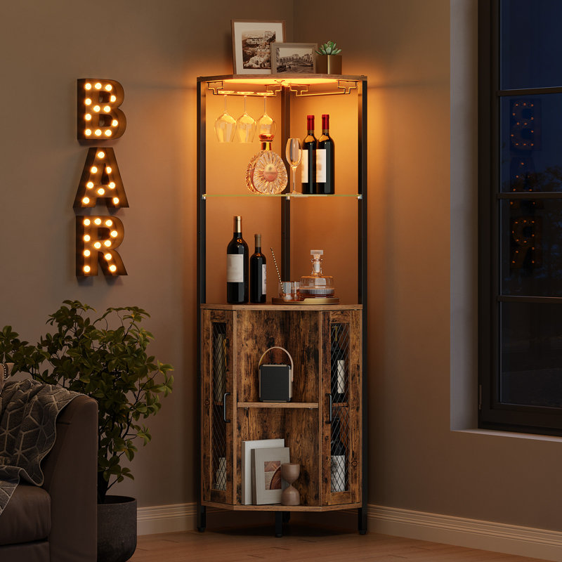 63.4" Corner Bar Cabinet With Led Lights, Tall Wine Cabinet With Storage, 5-tier Industrial Corner Liquor Cabinet With Glass Holders, Adjustable Shelves