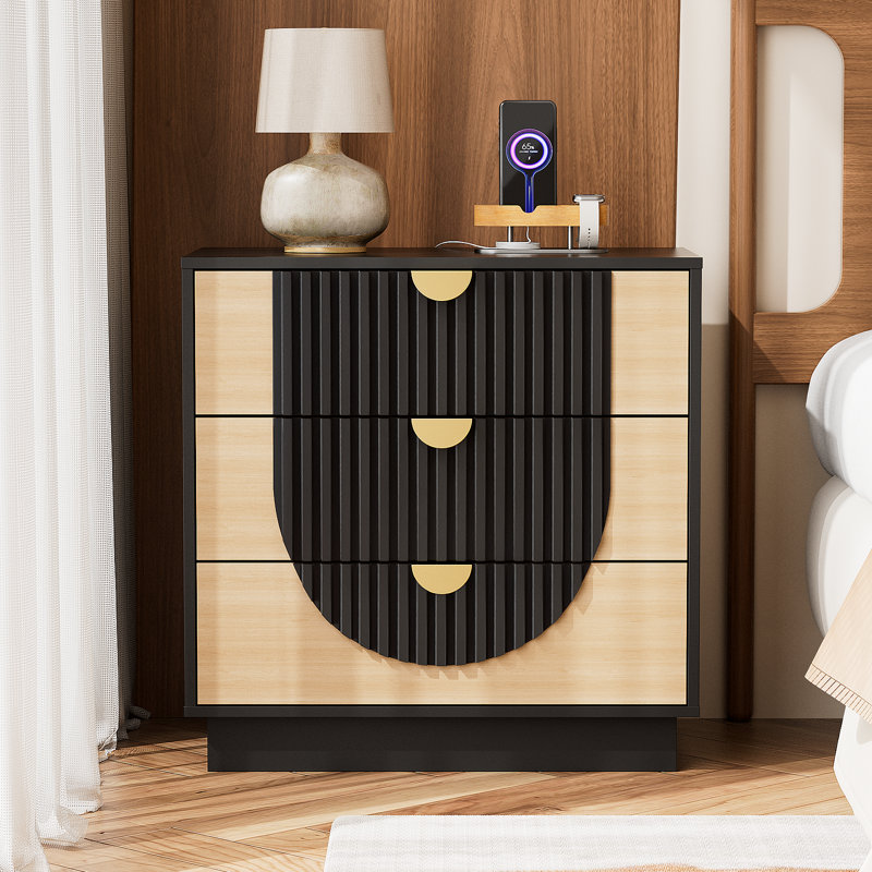 28" Fluted Night Stand & Modern Bedside Table, 3 Drawer Nightstand with Charging Station, Black