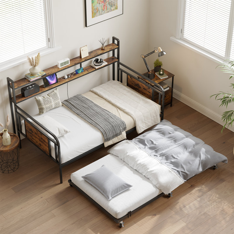 Twin Daybed with Trundle, Double Storage, Charging Station and LED Lights