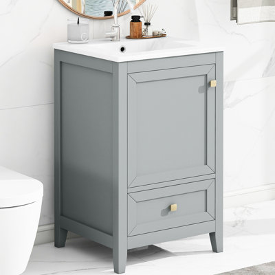 Meuble-lavabo gris de 50 cm avec lavabo, style moderne, autoportant, fini peint, porte à fermeture amortie, tablette de rangement, tiroir, panneau, céramique, métal, gris, espace, acier inoxydable