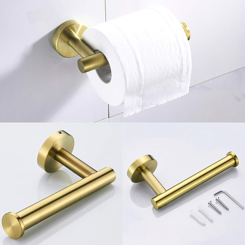Quincaillerie de salle de bain en acier inoxydable doré Rouille - Bain douche. Comprend une barre à serviettes, un porte-papier hygiénique et un crochet à peignoir. Design contemporain avec finition grattée. Installation simple incluse