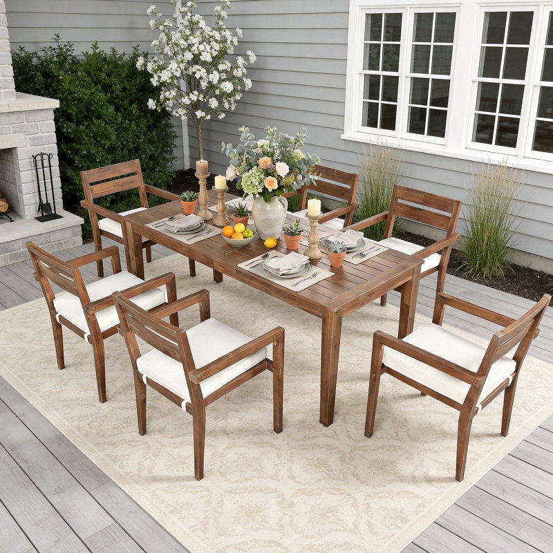 7 - Person Rectangular Acacia Wood Outdoor Dining Set with Cushions, Natural