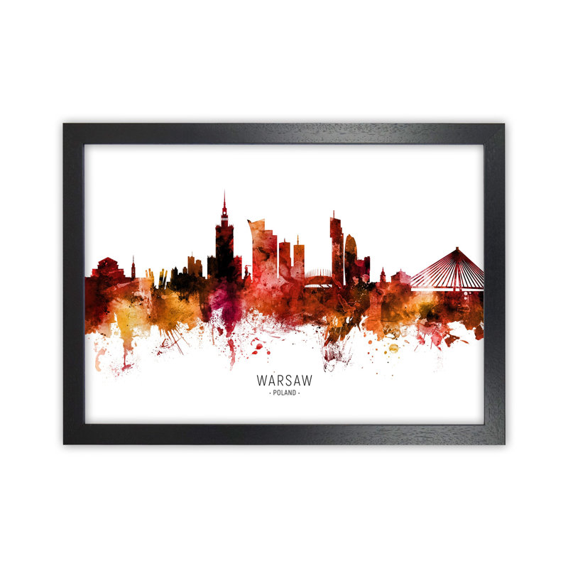 Warsaw Poland Skyline Red City Name by Michael Tompsett - Print, Black Framed, 46cm H x 63cm W x 3cm D