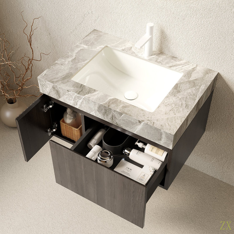 Meuble-lavabo de salle de bain de 30 po MURI, armoire de rangement en contreplaqué flottant avec tiroir et porte, plateau en pierre frittée et lavabo en céramique avec 1 trou de robinet pré-percé, pré-assemblé