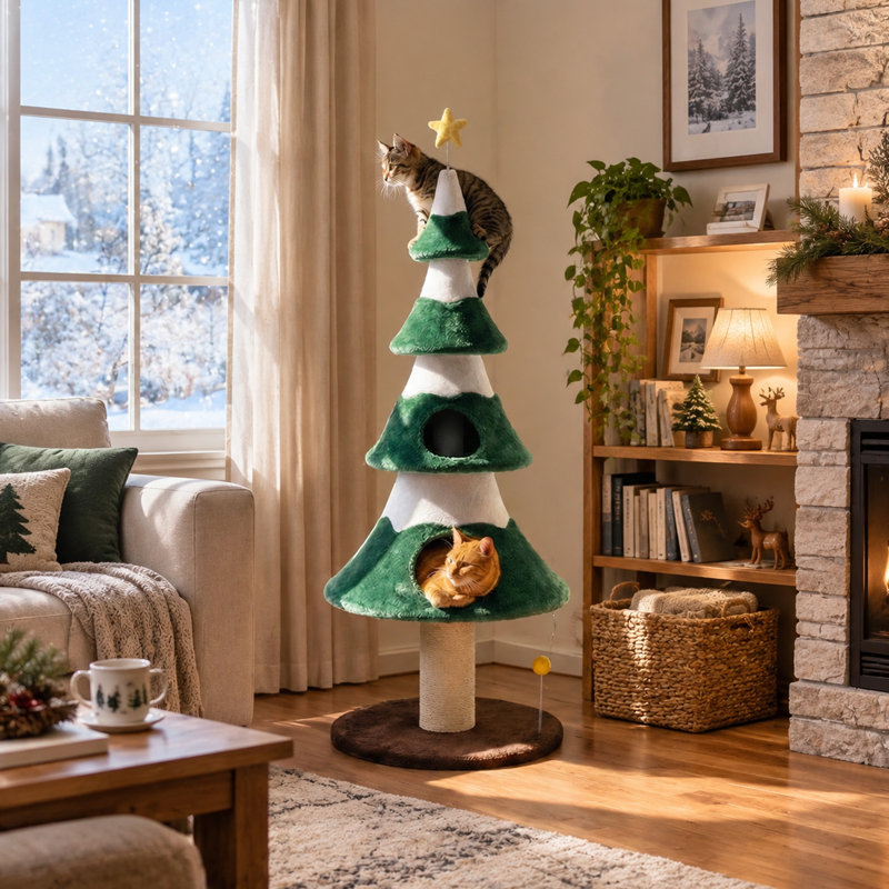 Arbre à chat de Noël de 157 cm avec griffoir, niche et plateformes à plusieurs niveaux