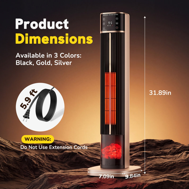 Tower Space Heater with Decorative Flame Effect, Auto Oscillation, Touch & Remote Control, LED Display, ECO Mode, Quiet DC Motor, Tip-Over & Overheat Protection, Child Lock for Bedroom Living Room Office
