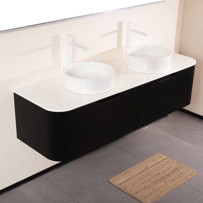 DINA 60" Bathroom Vanity&Sinks, Floating Curved Edges Striped Bathroom Storage Cabinet with 2 Drawers, 2 White Round Ceramic Basins&Carrara White Sintered Stone Countertop, Pre-assembled, Black Colour 