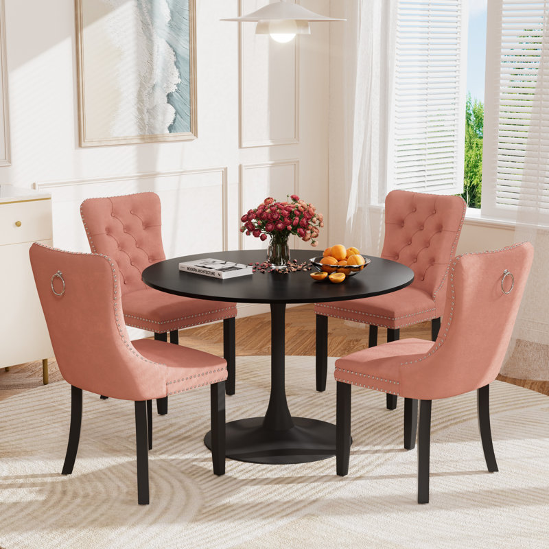 5-Piece Modern Dining Set: 42.1" Marble-Look MDF Table & 4 Velvet Upholstered Chairs, Noir, noir, noir, noir, Rose