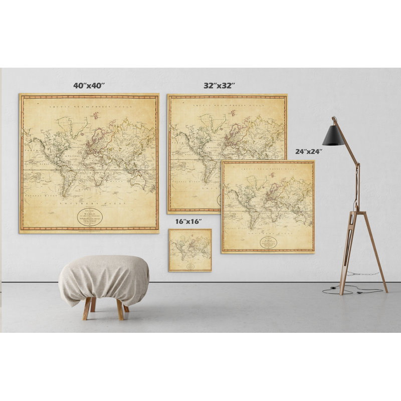 « rétro world map i », reproduction d’impression sur toile tendue, H 32 po x l 32 po x P 1,5 po