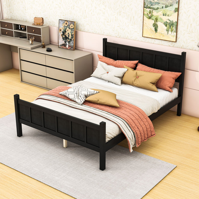 Lit plateforme en bois de style campagnard avec tête de lit, Lit double, Noir