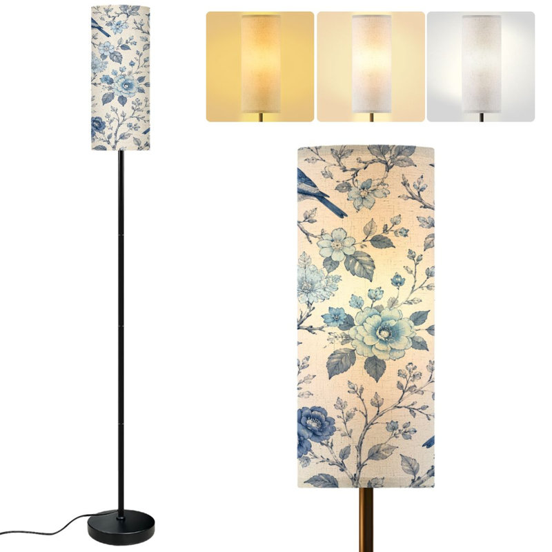  68.5" Standing Floor Lamp Toile De Jouy Vintage Floral Seamless Elegant Graphics 13 Featuring Dimmable Metal Pole Lamp with Linen Lampshade LED Bulb Included