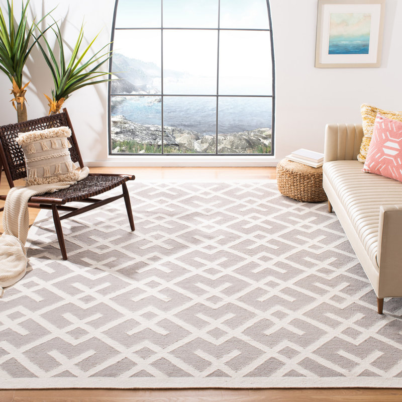 Tapis en laine / coton tissé à la main à plat Rodgers en ivoire / gris, Rectangle 8 pi x 10 pi
