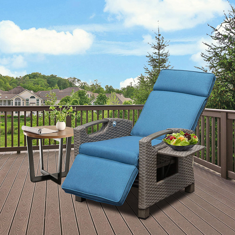 Adjustable Outdoor Recliner Chair With Built-In Table And Weather-Resistant Wicker, Blue, Brown