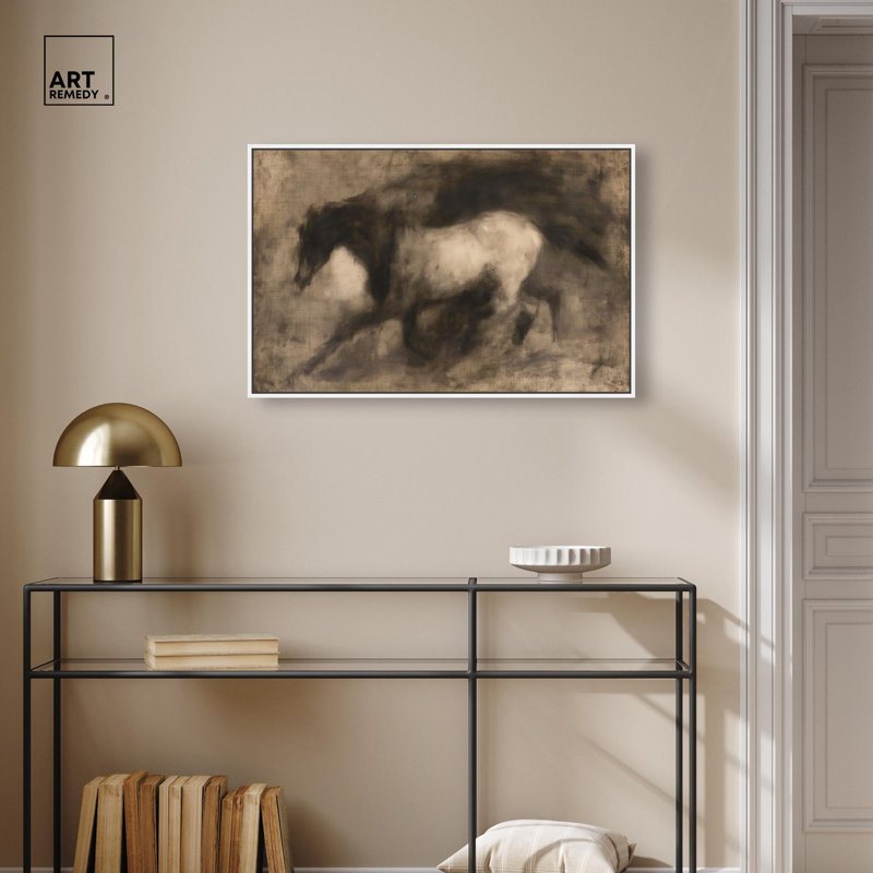 «Dark Horse», toile par Farm Art, H 21 po x l 31 po, Cadre flottant blanc