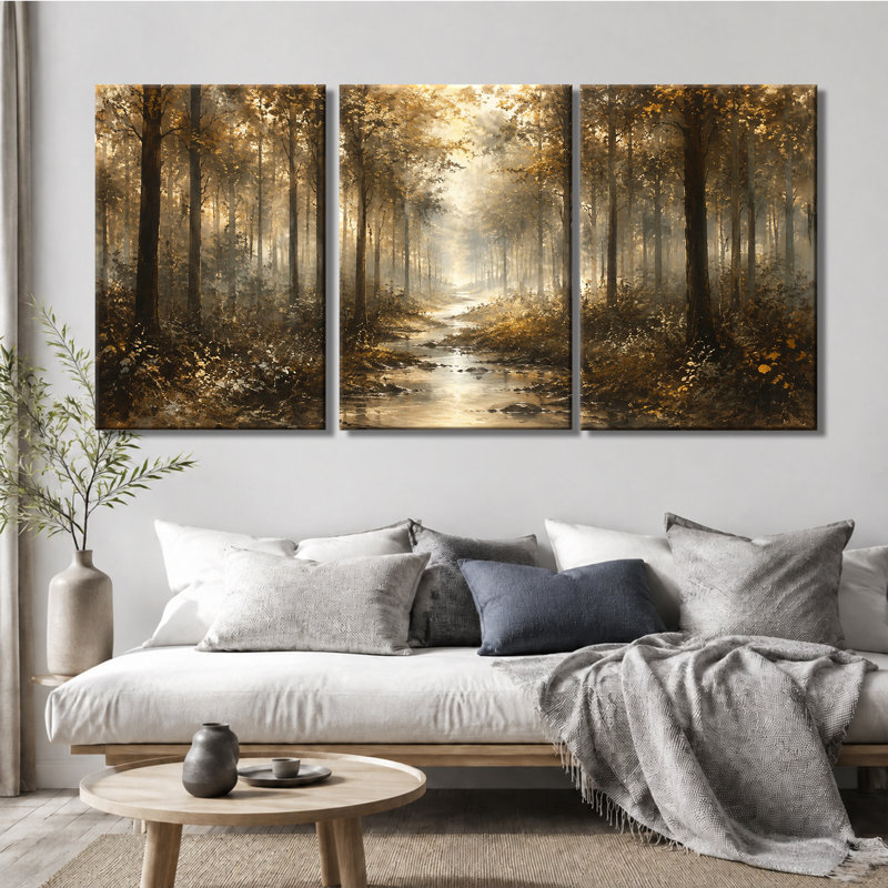 3 panneaux muraux Golden Forest Stream, impression sur toile tendue, 16 * 24 pouces * 3
