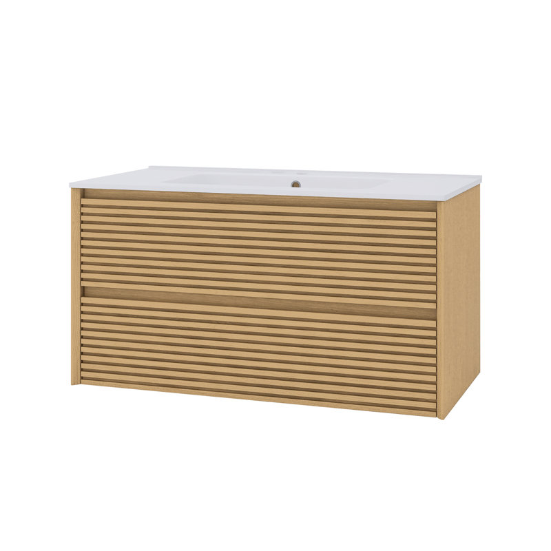 Wall-Mounted Single Bathroom Vanity Set With Ceramic Basin, Light Oak, 36"