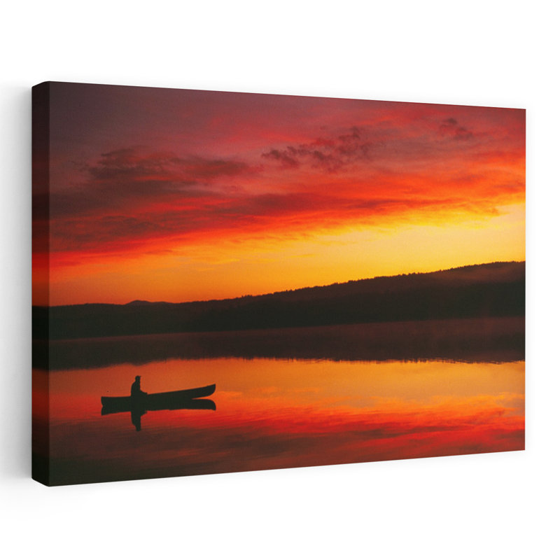 Silhouette de canot sur le lac, art contemporain au lever du soleil, H 32 po x l 48 po