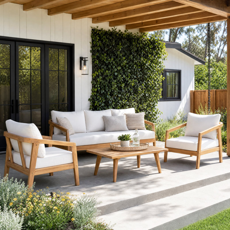 Airwyn Outdoor 5-Person Acacia Wood Conversation Set With Cushions, Beige, 4 Pcs: Table, 2 Chairs, Sofa