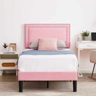Twin Size Pink Velvet Upholstered Platform Bed with Adjustable Headboard, Modern Bed Frame with Wood Slats, No Box Spring Needed