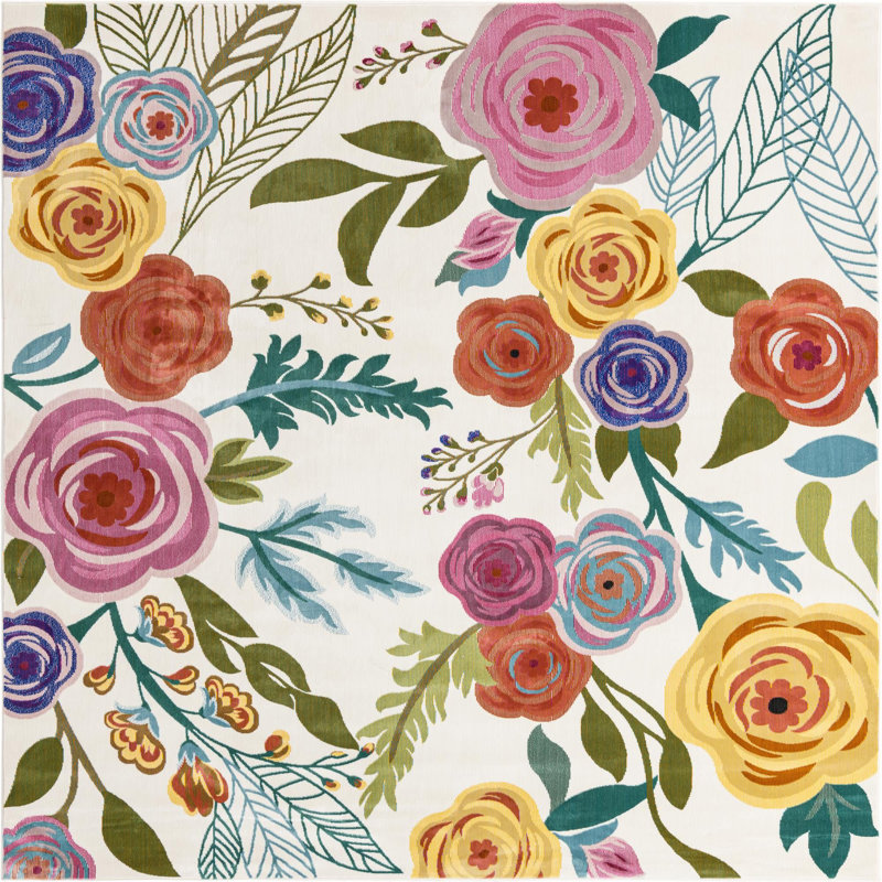 Tapis ivoire à motif floral Daignault, Carré 7 pi 10 po