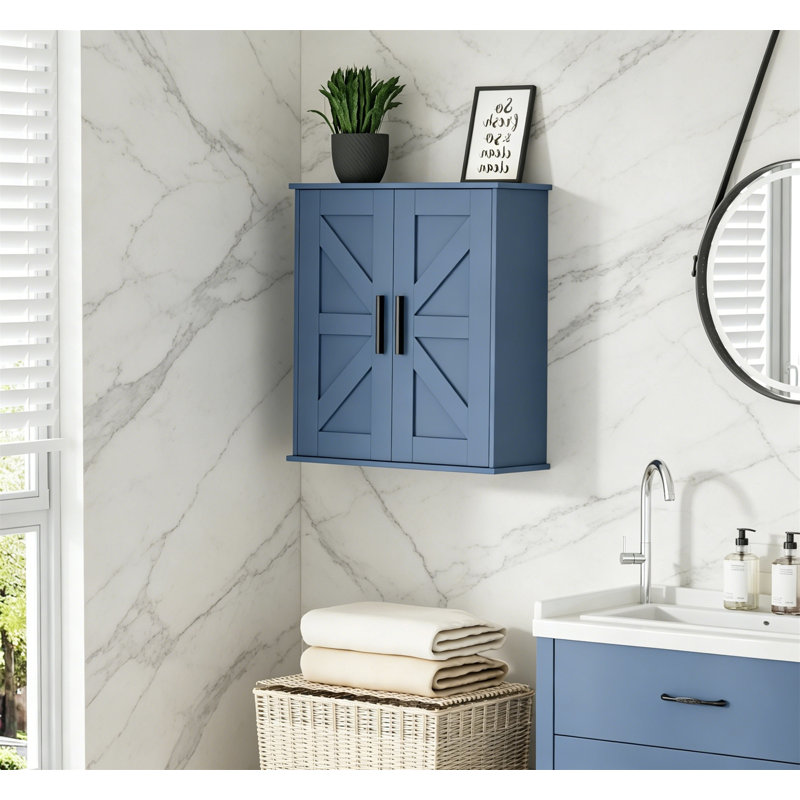 Armoire murale de salle de bain au-dessus de la toilette, portes de grange, tablettes réglables, 3 niveaux, bleu, profondeur 7,9 po