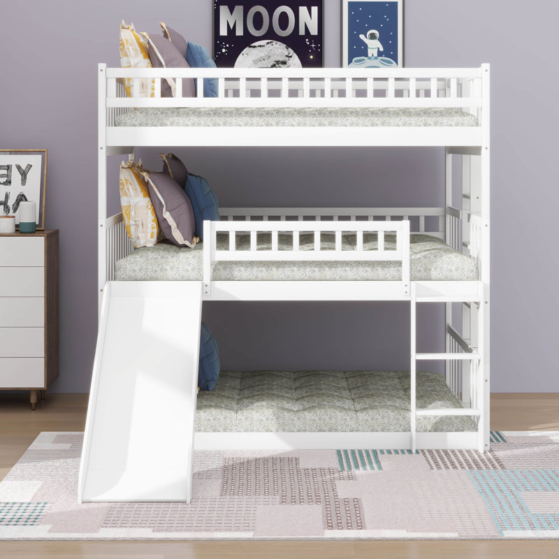 Triple lit superposé pour enfants et adolescents, structure de lit superposé en bois double, Blanc