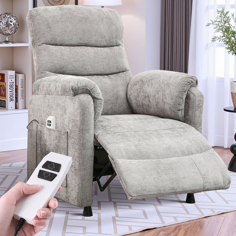 34" Chenille Power Recliner Chair with Side Pockets, Stepless Remote Control, Small Space Electric Recliner, 350 lb Capacity