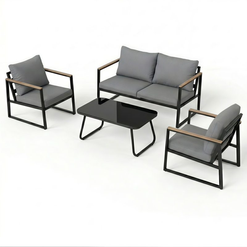 Decksplore 4-Piece Metal Patio Conversation Set with Deep Cushions, Tempered Glass Table, Weather-Resistant Outdoor Sofa Set