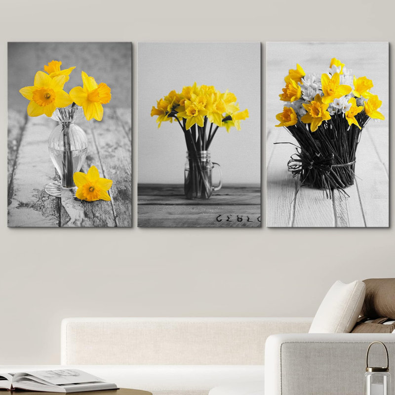 Fleurs jaunes dans des vases 3 pièces, Toile tendue, H 24 po x l 16 po