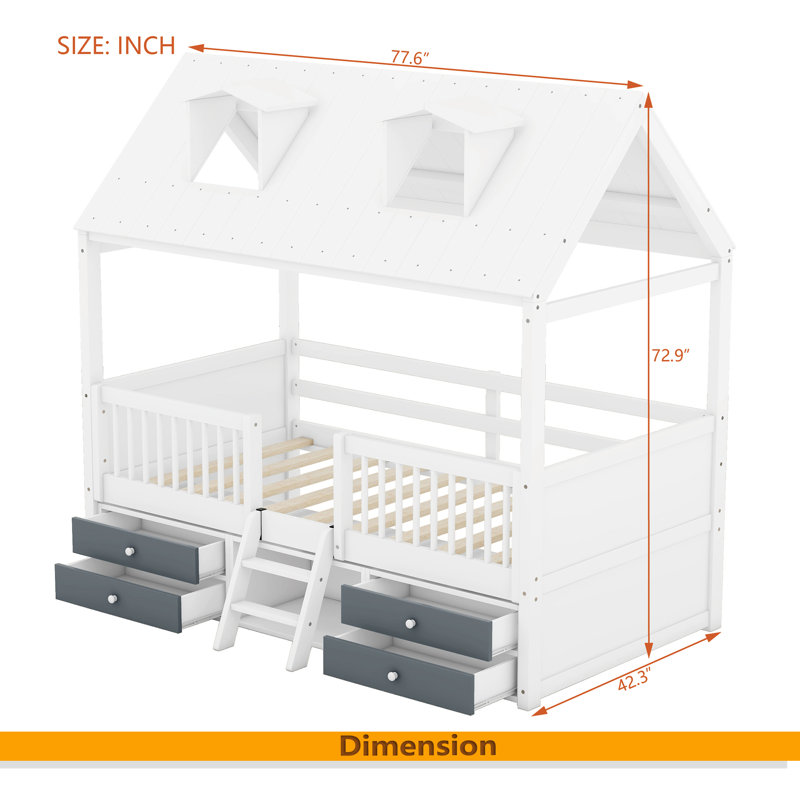 Structure de lit en bois, Blanc / Gris, Lit simple