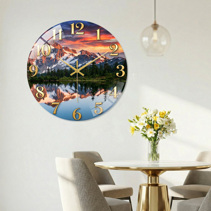 «Mountain Lake», horloge murale en verre, 40 x 40 cm (15,7 x 15,7 pouces)