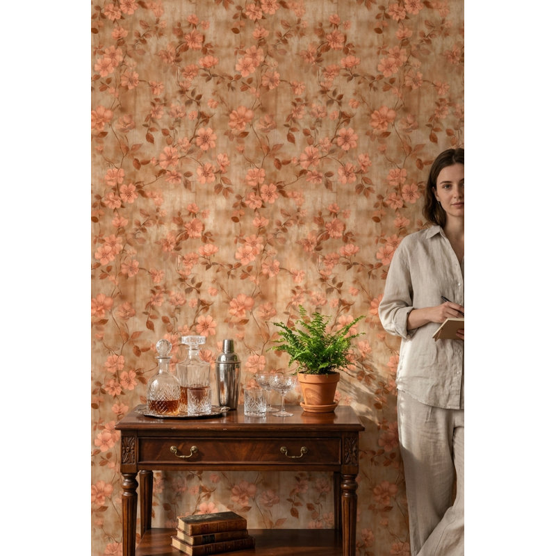 Papier peint floral, décoration murale rétro brune