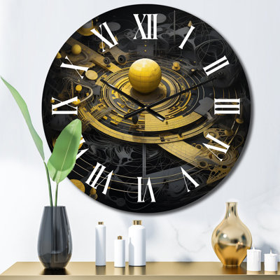 Futuristic Circular Golden Sphere III - Modern Geometric Wall Clock
