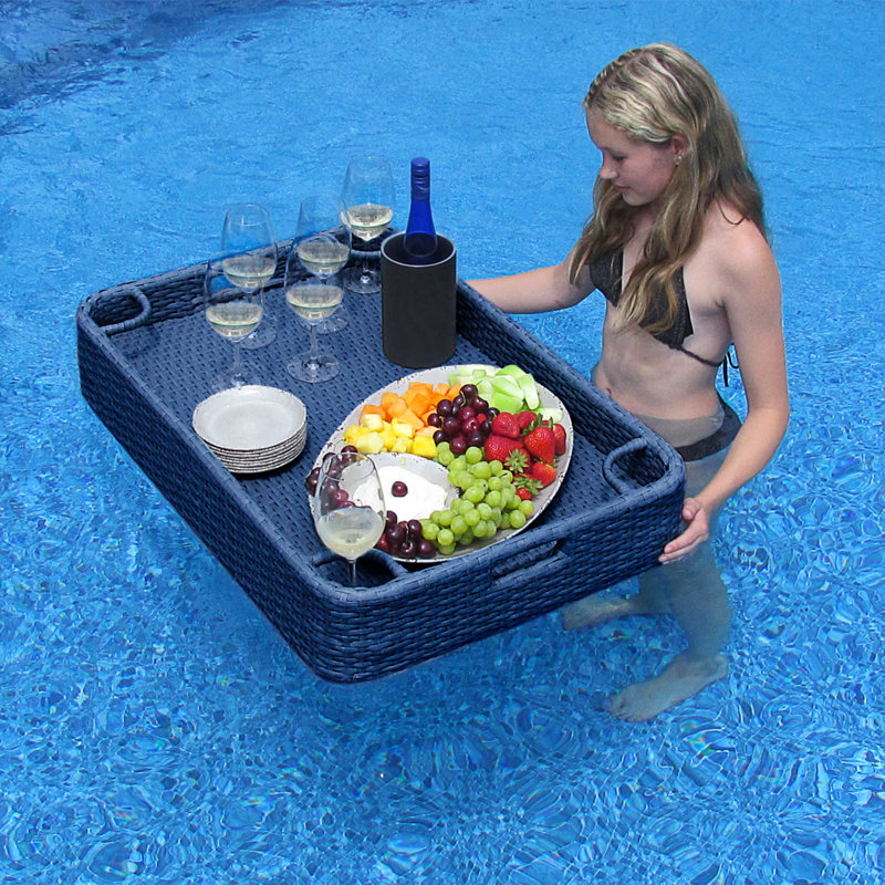 Sunjoy Wicker Floating Tray 36x24 inch Aluminum Frame Pool Tray Swimming Floating Serving Tray for Drinks, Snacks, and Essentials