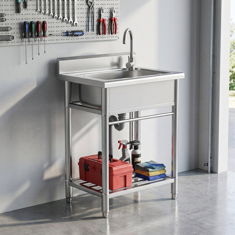 Évier utilitaire autoportant en acier inoxydable 24 po, cuve à cuve profonde pour salle de lavage, garage et lavoir pour animaux