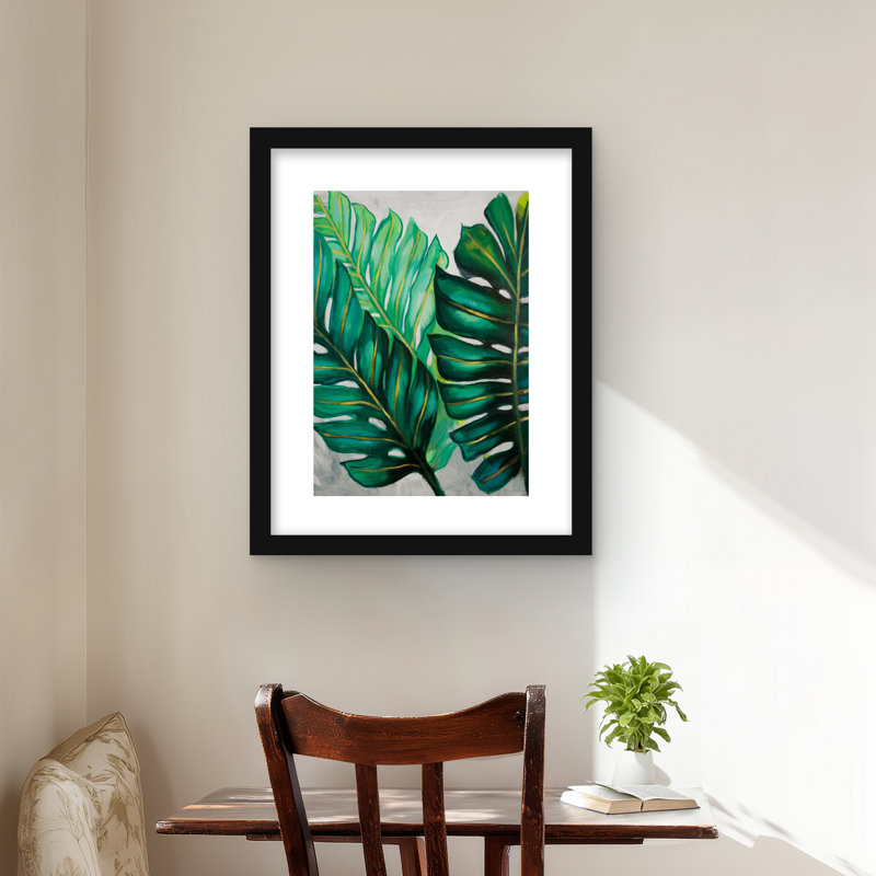 Trois grandes feuilles de plantes exotiques | Impression encadrée avec passe-partout, H 20 po x l 16 po, Noir
