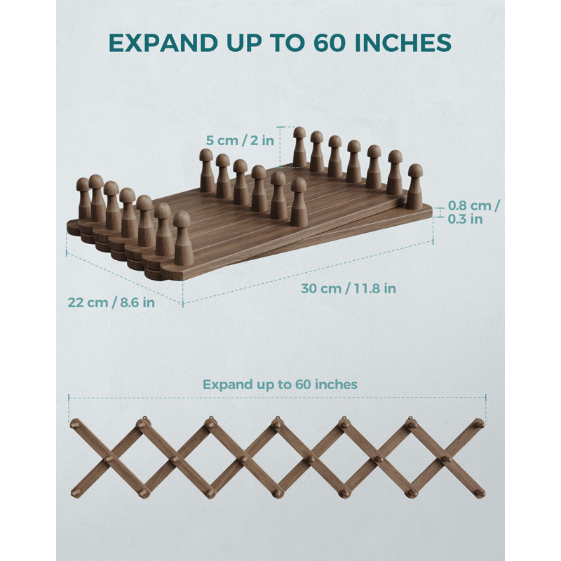 Cintre en bois accordéon mural, portemanteau extensible mural avec 20 piquets, support à chapeau extensible pour mur couleur noyer