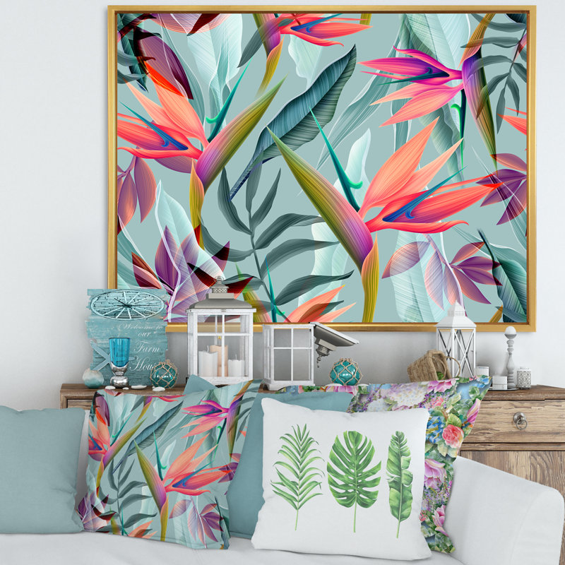 Fleurs tropicales rétro VI - Impression sur toile, H 16 po x l 32 po x p 1 po, Cadre flottant doré