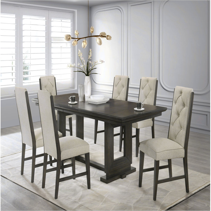 7 pièces Table de salle à manger rectangulaire extensible de 18 po à base de tréteaux / piédestal en tissu beige et chaises capitonnées à boutons beige