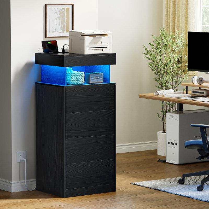 Tevrat 4 - Drawer Dresser With Power Outlet & LED,Wood Storage Chest With Push-To-Open Extension Drawer, 39.37” H Dresser For Bedroom&Office