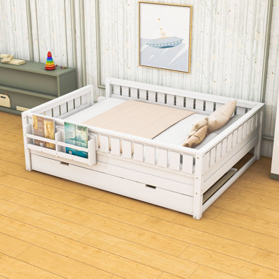 Wooden Platform Bed with Stairs, Trundle and Bookshelves