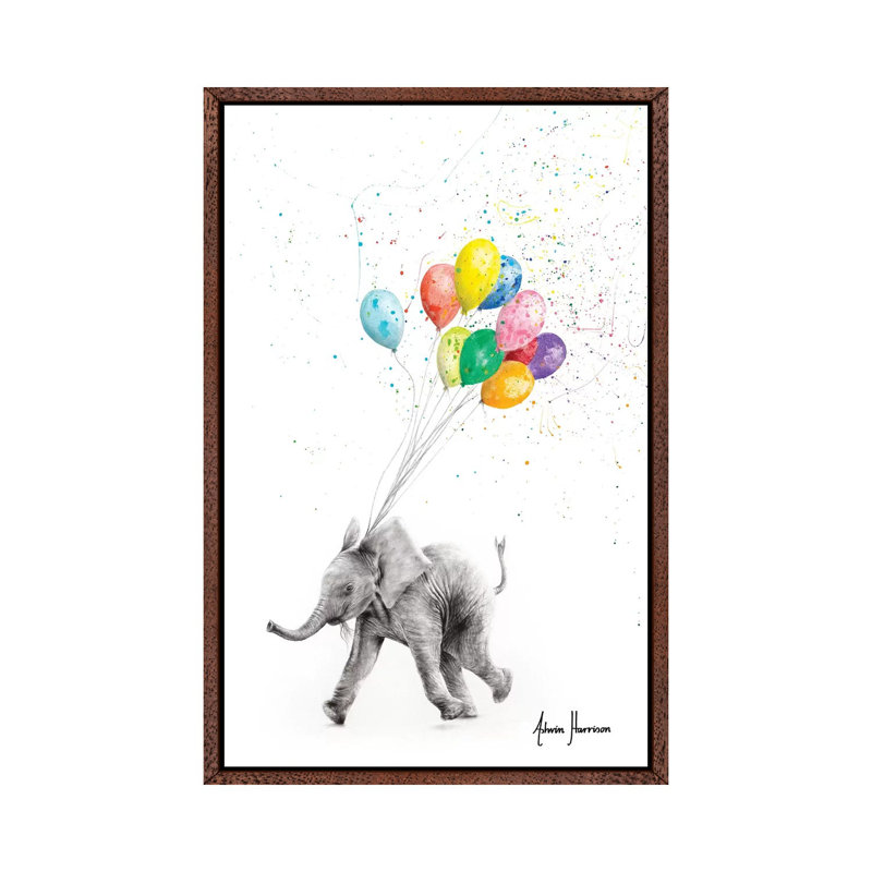 The Elephant And The Balloons by Ashvin Harrison - Print on Canvas, Classic Brown Wood Framed, 152.5 cm H x 101.5 cm W
