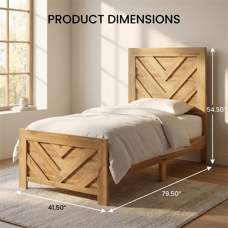Structure de lit simple avec finition en bois naturel, tête et pied de lit à motif de losanges, Lit simple