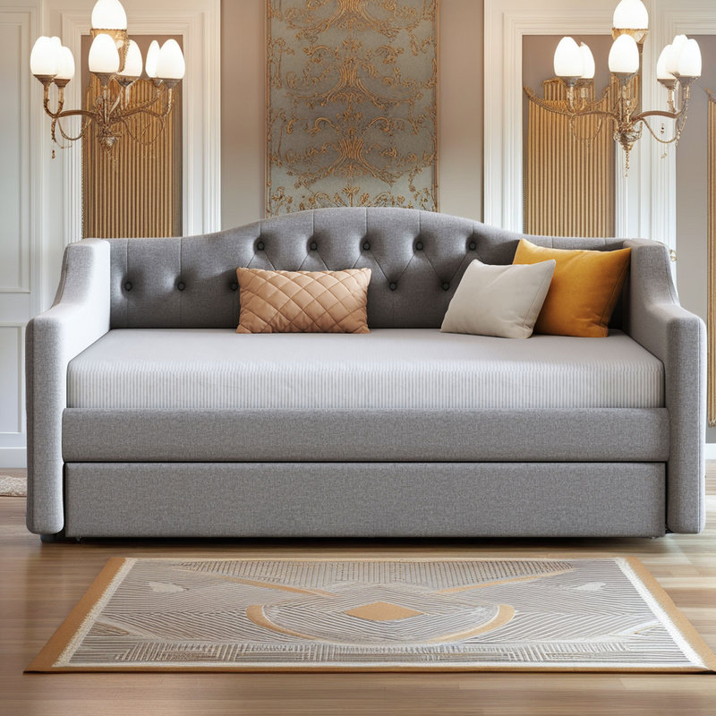 Full XL Upholstered Daybed with LED Light Strip and Pull-Out Trundle, Linen Platform Frame with Backrest, Grey