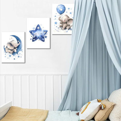 3Pcs Blue Nursery Elephant Canvas Wall Art Baby Boy Wall Decor Cute Animal Painting Pictures Moon And Stars Balloon Poster Prints For Nursery Classroom Kids Bedroom Home Decoration